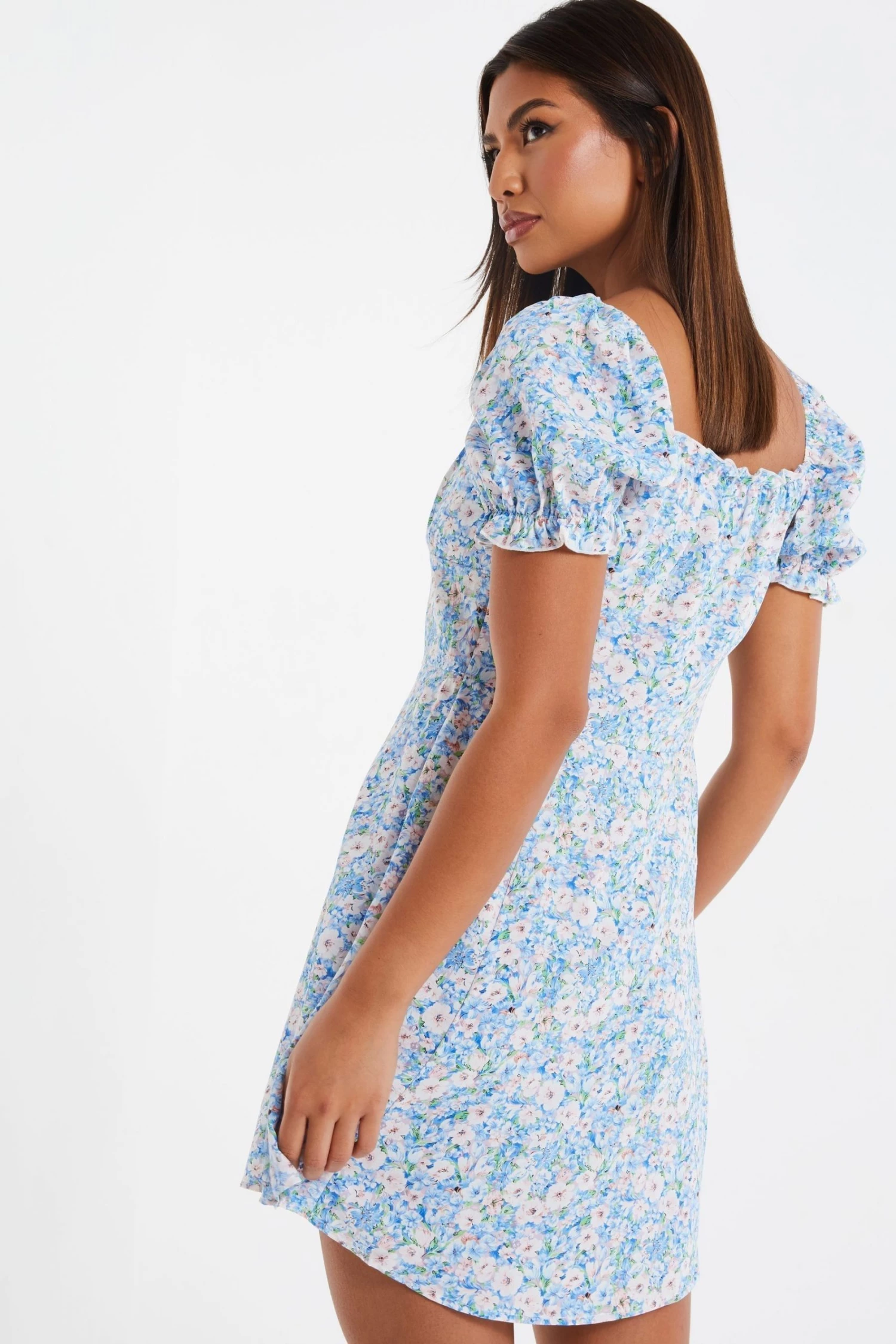 Quiz Blue Ditsy Floral Tie Front Skater Dress