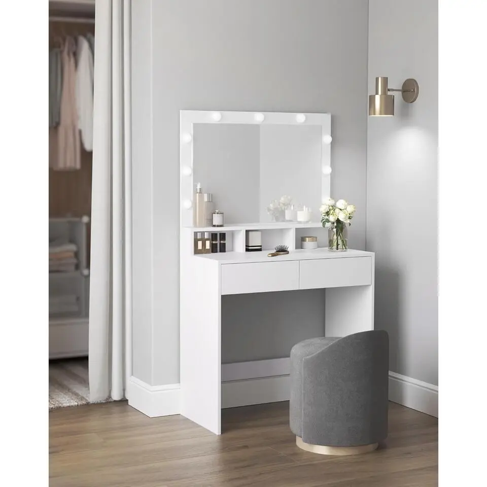 Bobbel Home - Witte Kaptafel - Rechthoekige spiegel - Gloeilampen