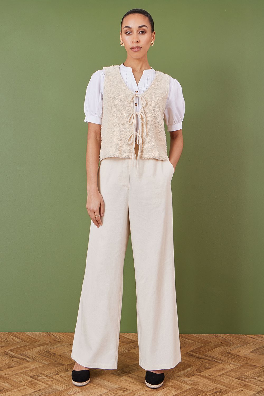 Yumi Yumi Beige Knitted Tie Detail Knitted Waistcoat