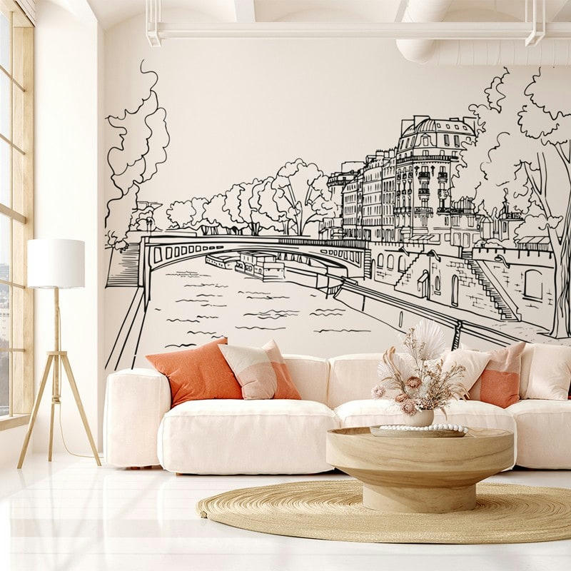 BELLE RIVE - Papier Peint Panoramique L336xH270cm Noir Paysage Paris