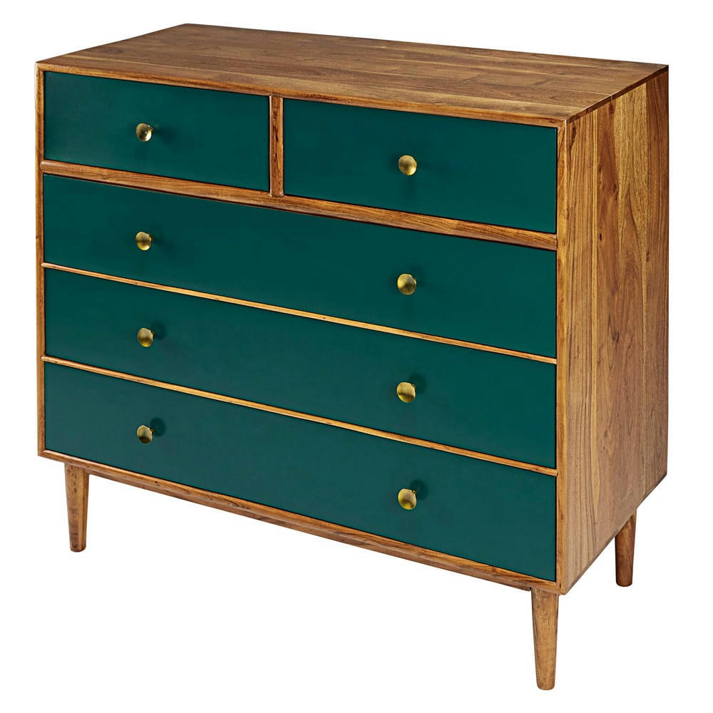 Ikat - Commode haute 5 tiroirs en acacia massif vert