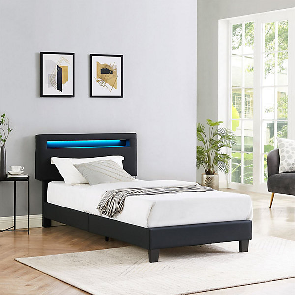 Lit LED simple EVAN 90x190 cm, avec sommier, revêtement en synthétique noir