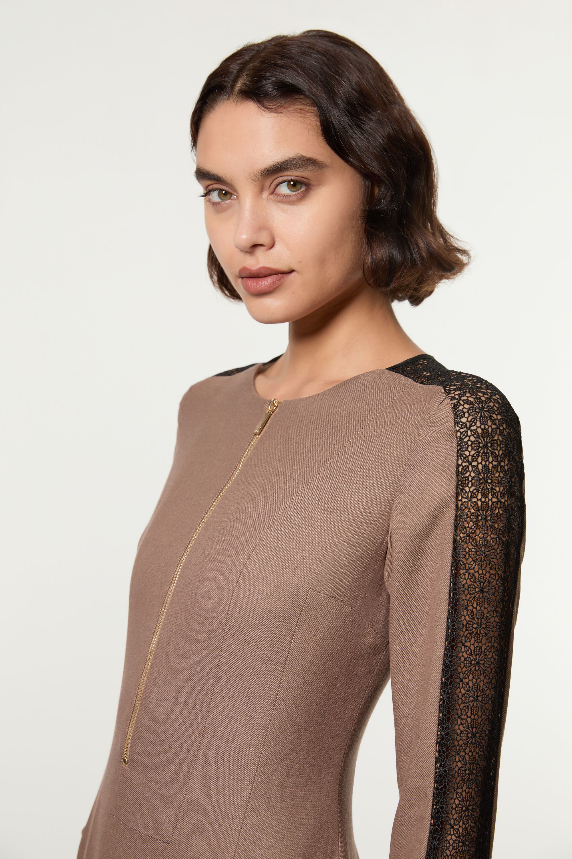 KarenMillen Tailored Twill Lace Mix Zip Front Midi Dress