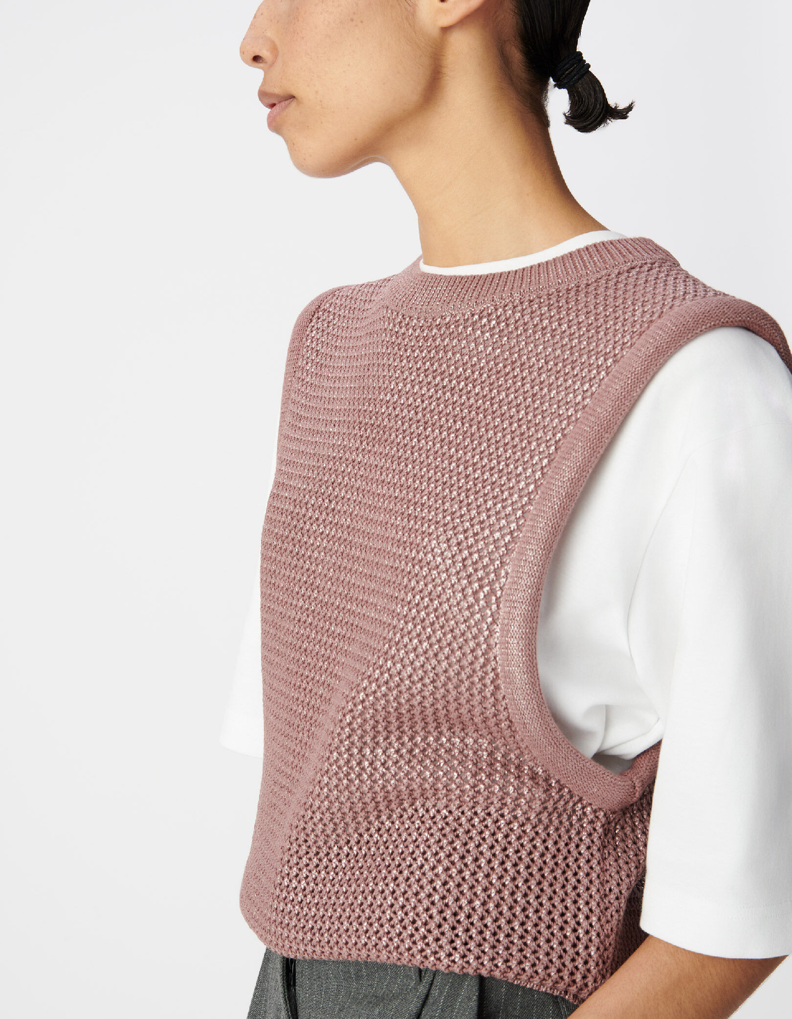Pull sans manches marron tricot enduit ajouré Femme