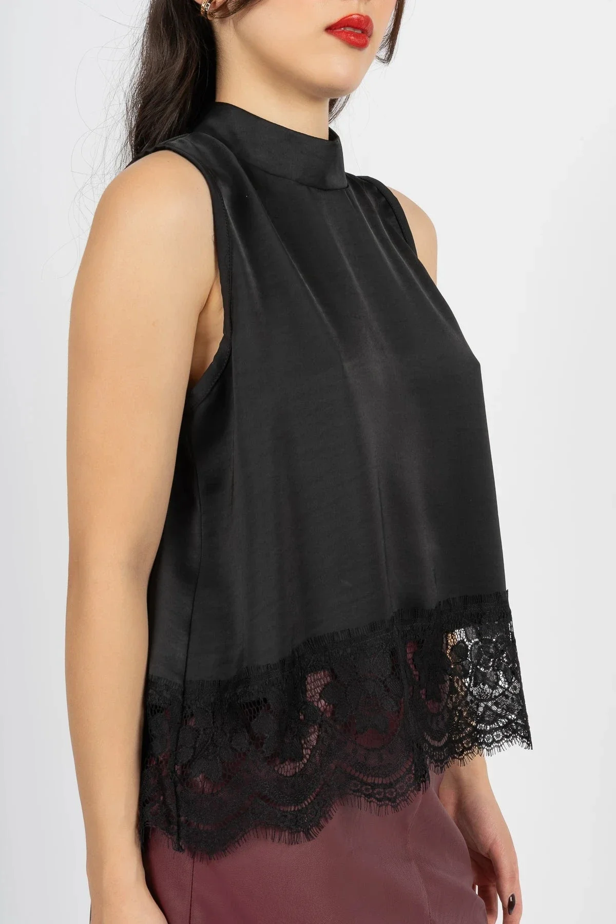Black Lace Trim Sateen Top