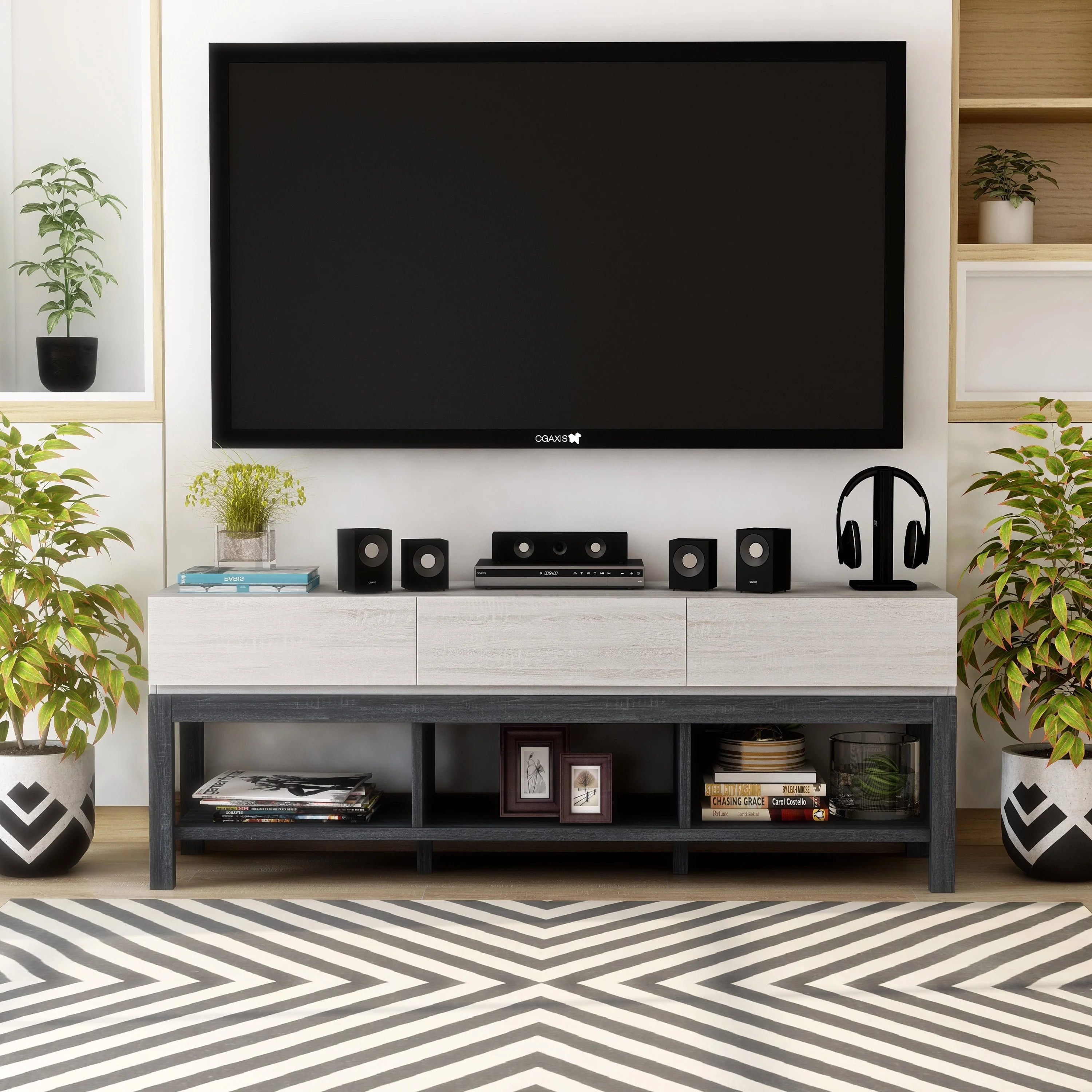 Tiska Modern White and Grey 60-inch 3-Shelf TV Console by Furniture of America