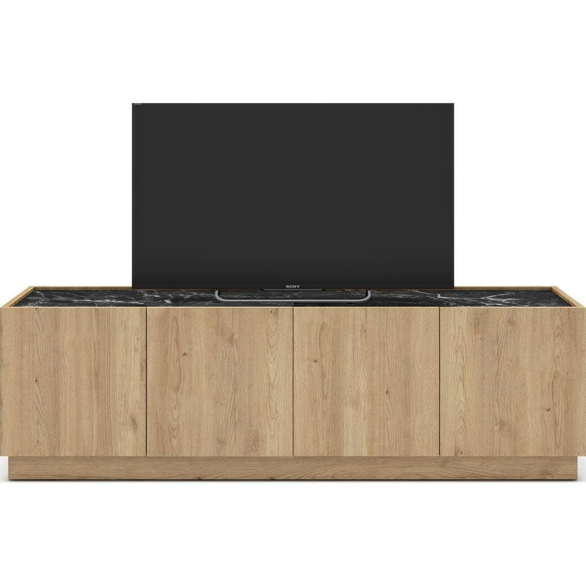 DILAN - Meuble TV 4 portes effet bois et marbre noir 160 cm