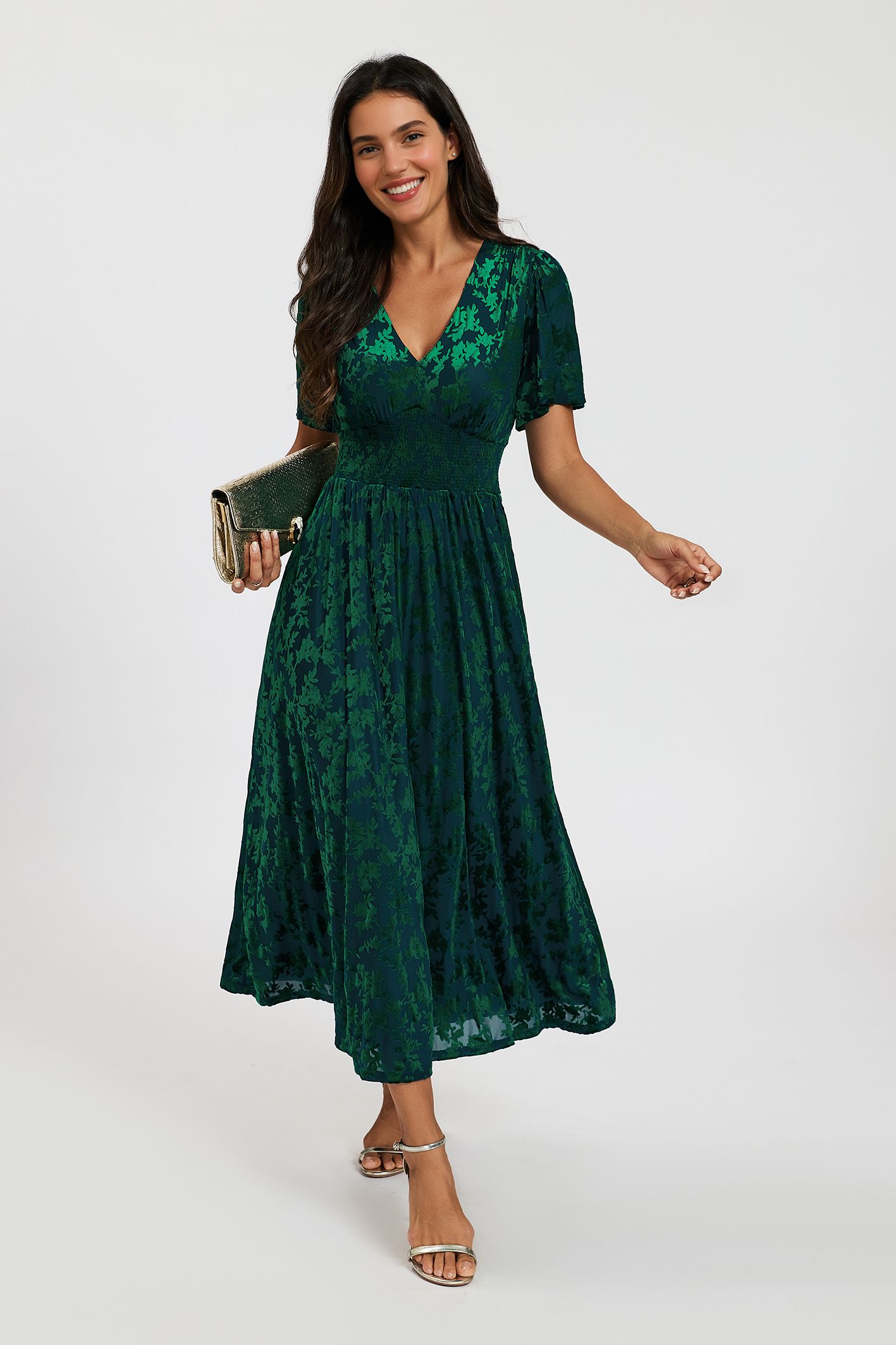 FS Collection Velvet Burnout V-Neck Angel Sleeve Midi Dress