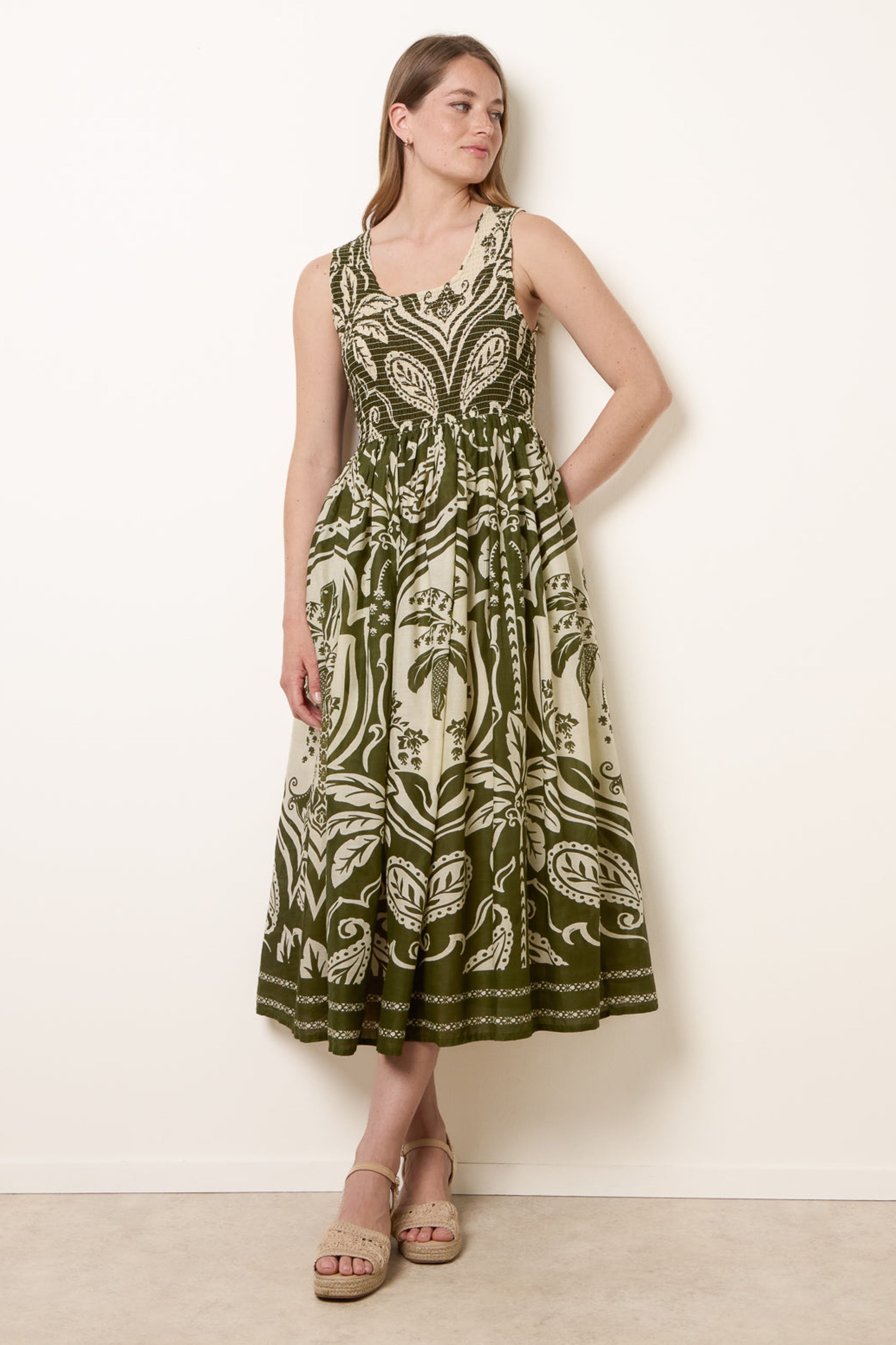 Blue Vanilla Khaki Sleeveless Shirred Dress