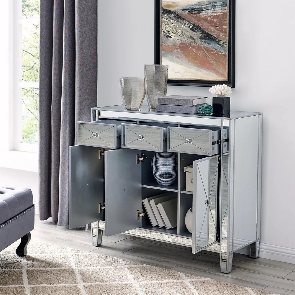 SEI Furniture Marter Glam Silver Mirror 3-Door Cabinet
