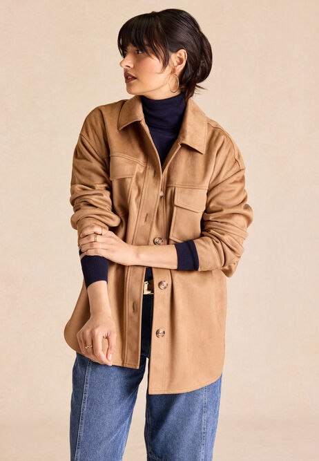 Womens Tan Suedette Shirt Jacket
