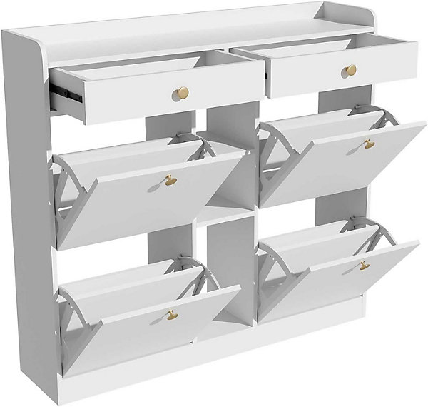 Meuble à chaussures élégant 110x26x100 cm, 4 portes, 2 tiroirs, 3 compartiments ouverts