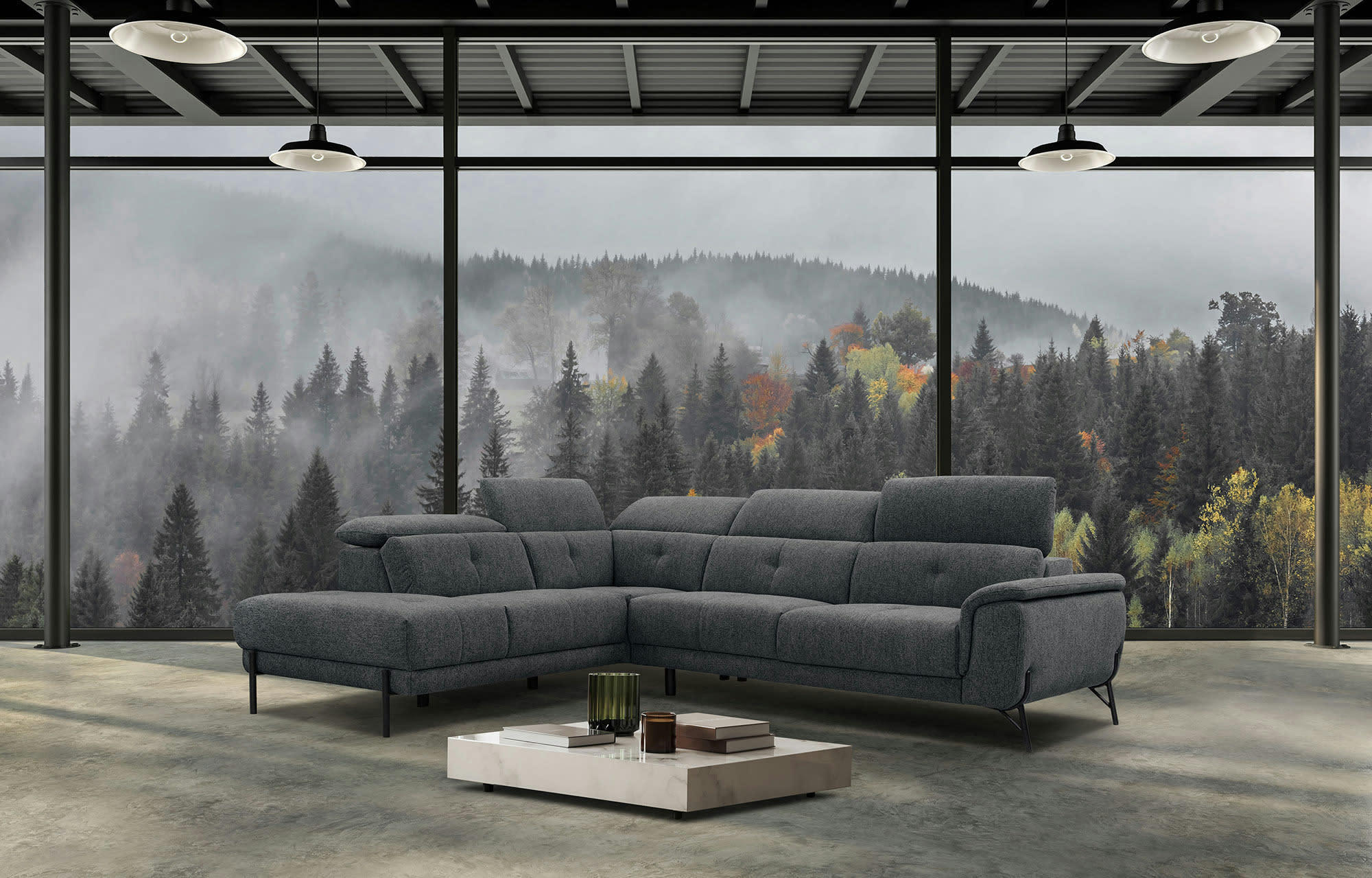 AVENA - Canapé d'angle gauche  5 places en tissu gris foncé