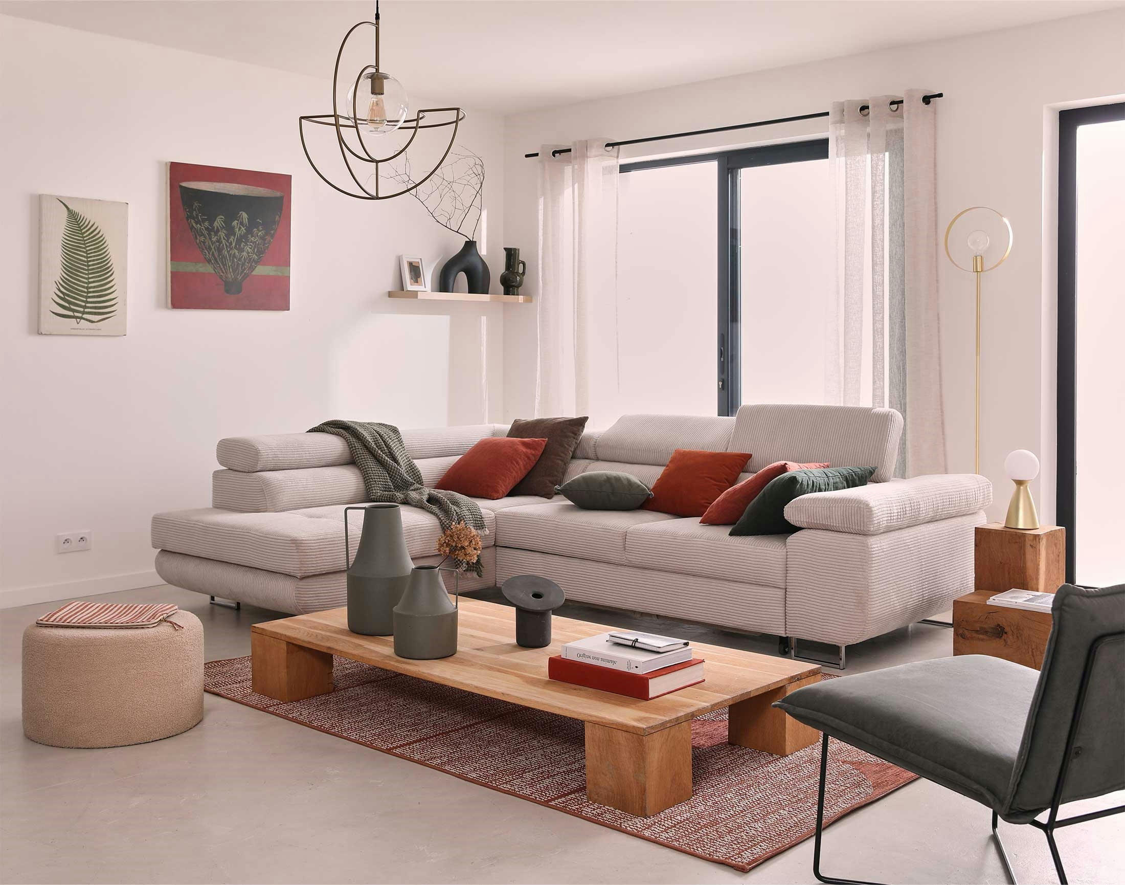 ZARIA - Canapé d'angle gauche convertible 5 places en velours côtelé beige