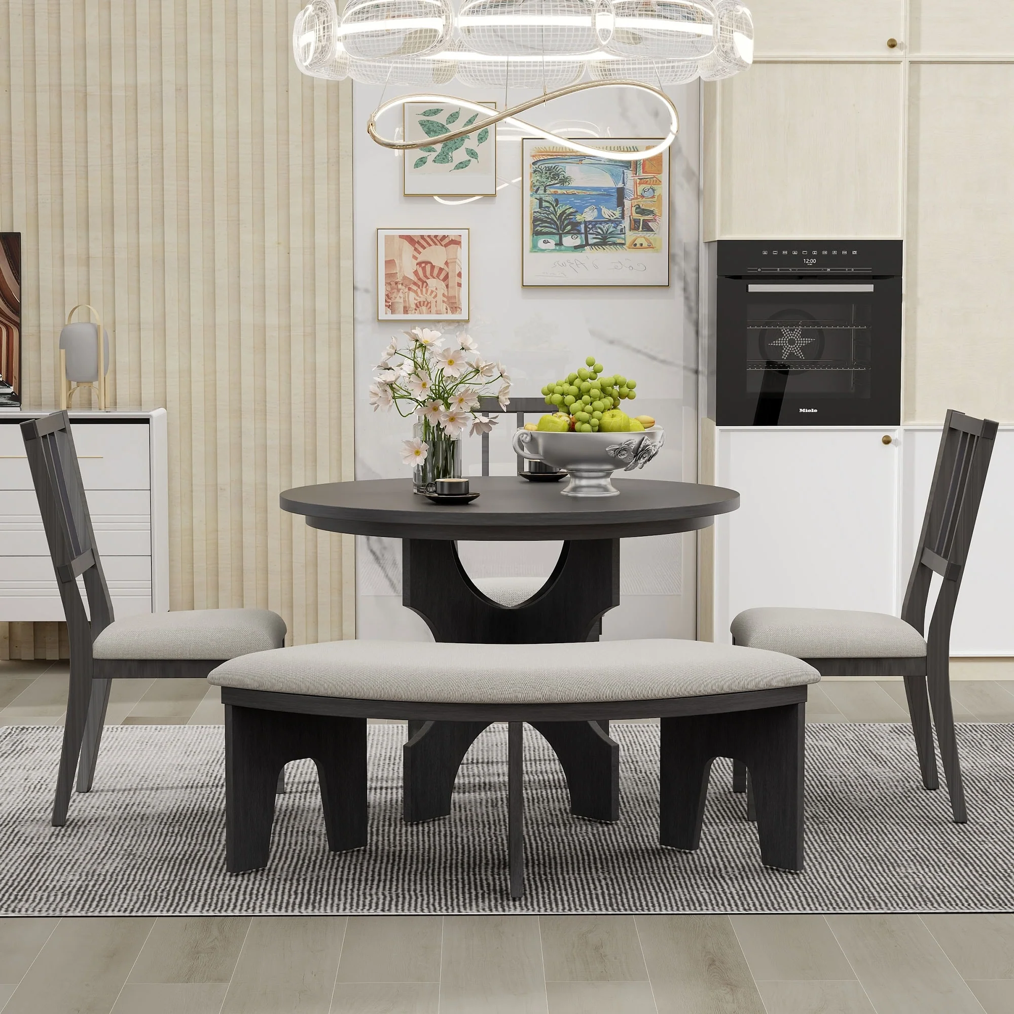 Rustic Style 5-piece Dining Set with Round Table, 3 Upholstered Chairs and Side Chairs