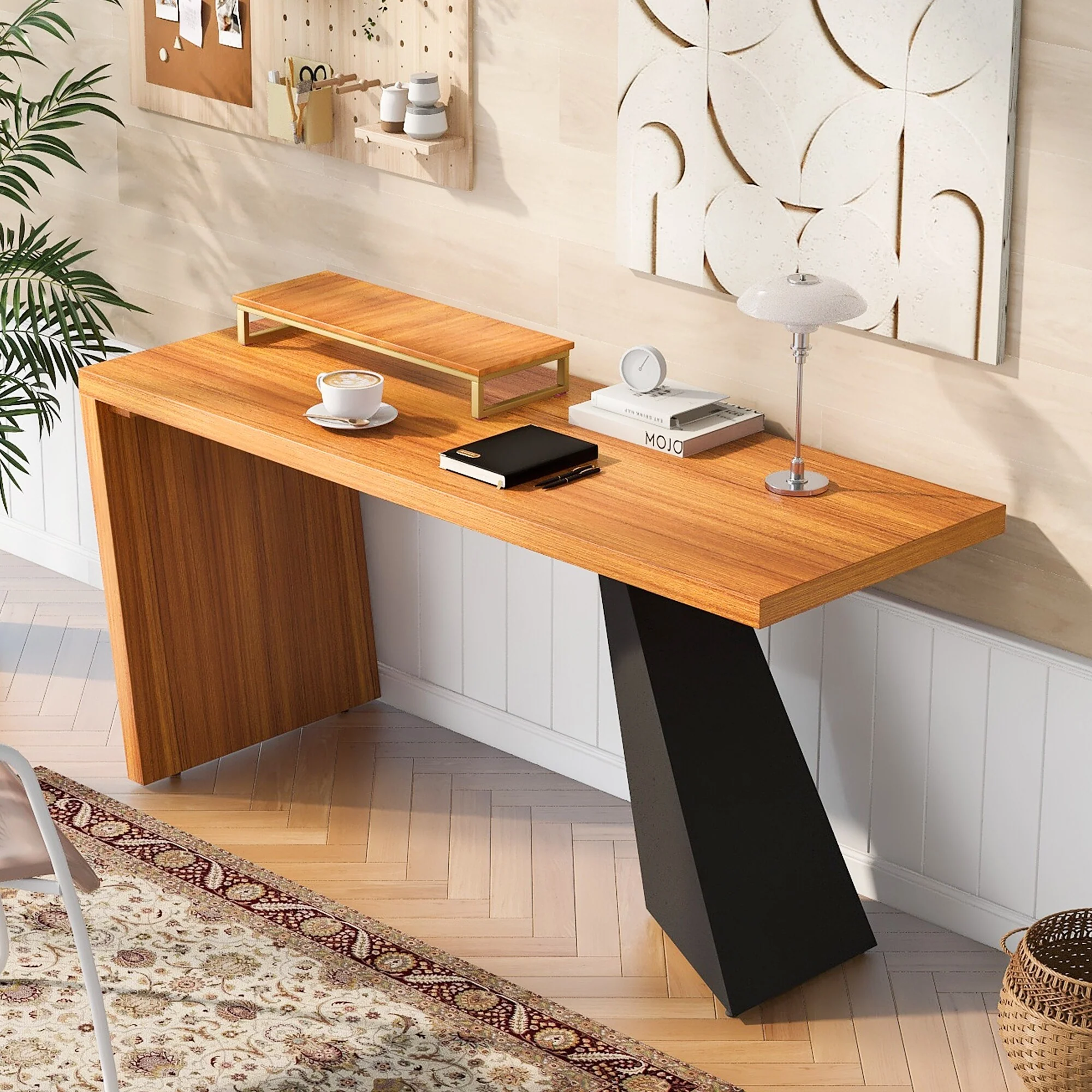 Modern Executive Desk with Monitor Riser Stand and Angled Design Legs, Rustic Industrial Writing Desk Office Desk