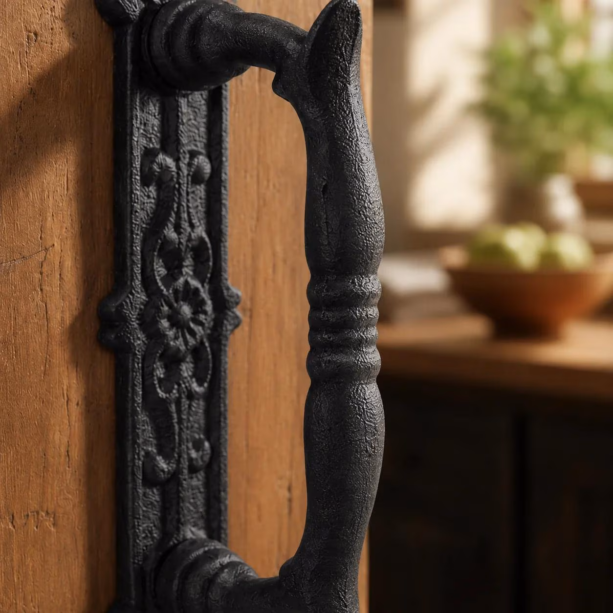 Door Handle with Ornate Backplate, Black Cast Iron Pull, 9