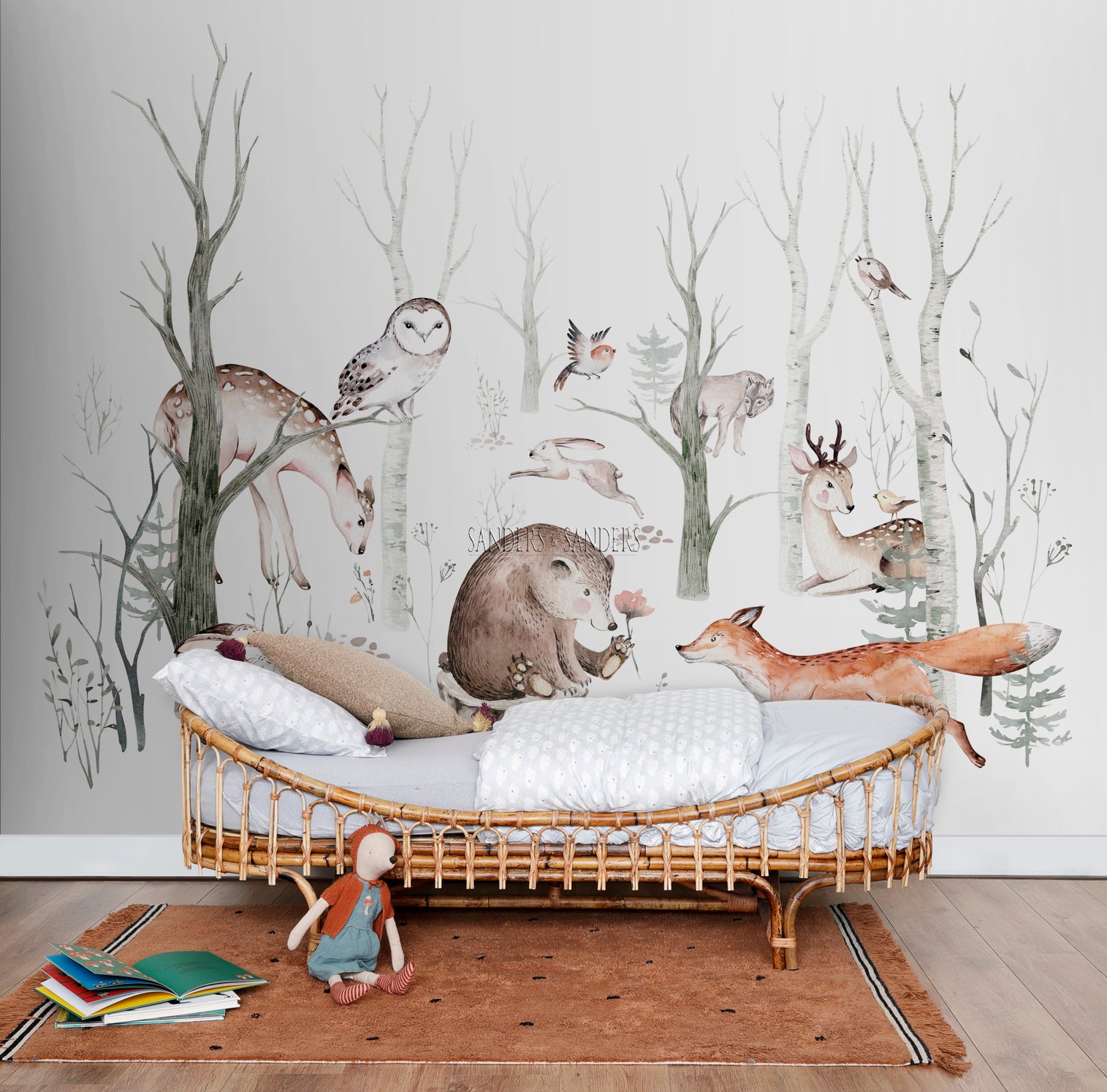 Sanders & Sanders fotobehang vintage bosdieren wit, oranje en bruin - 300 x 279 cm - 950004
