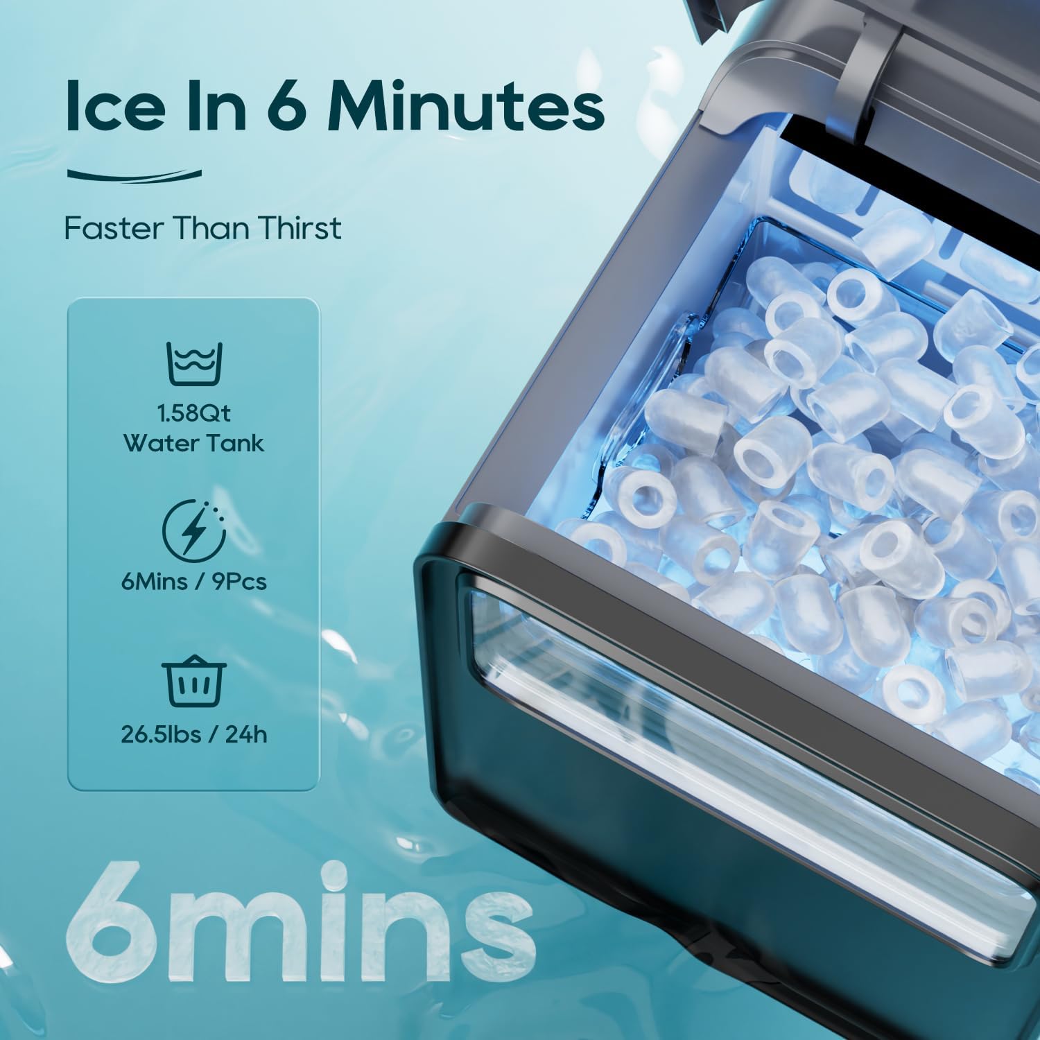 BREEZOME Ice Maker Countertop, 9 Ice Cubes in 6 mins, Self-Cleaning Portable Ice Machine with Basket and Scoop, 2 Sizes of Bullet Ice for Home Kitchen Party Camping RV