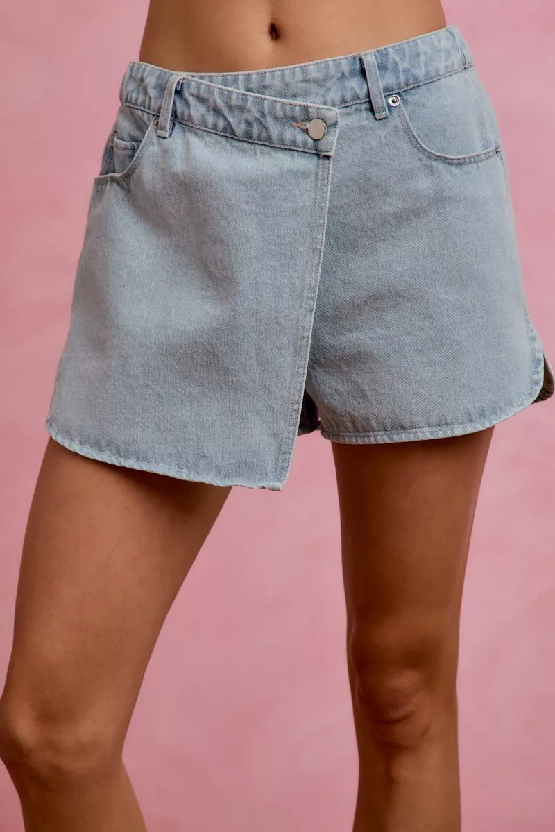 Washed Denim Wrap Skorts