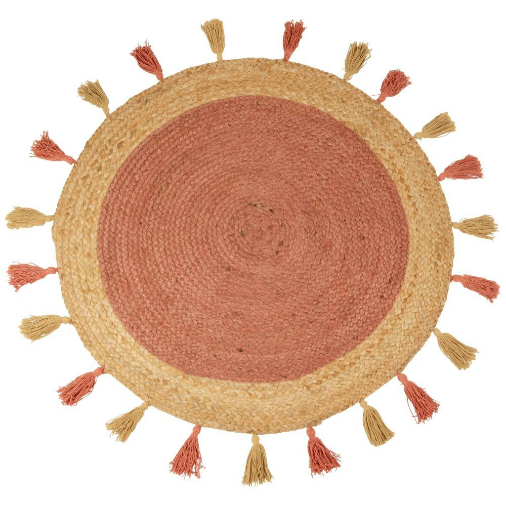 ADRIAN - Tapis rond en jute et coton terracotta à pompons D90