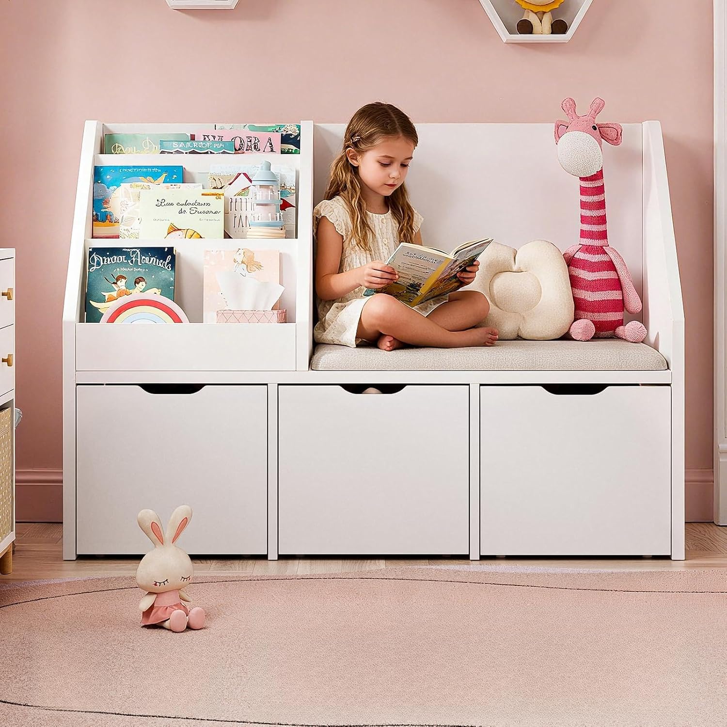 40 Kids Reading Nook with Bench, Toy Storage Organizer and Bookshelf with Seat Cushion, Kids Bookshelf with 3 Movable Drawers, Toy Storage Box on Wheels, Ideal for Nursery, Playroom, Bedroom, White