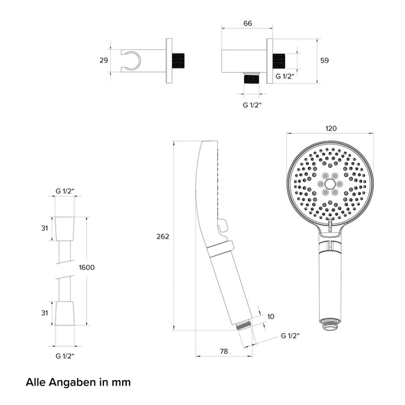 Brausegarnitur-Set, schwarz matt, Handbrause mit drei Strahlarten