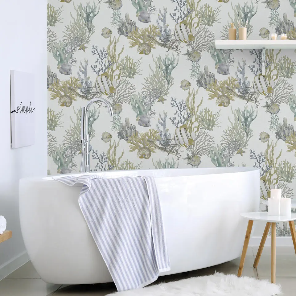 Sanders & Sanders behang onderwaterwereld vergrijsd blauw - 53 cm x 10 m