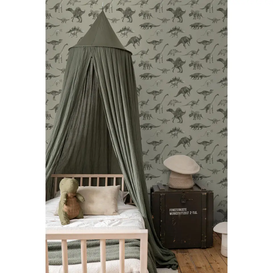 ESTAhome behang dinosaurussen vergrijsd groen - 50 x 900 cm