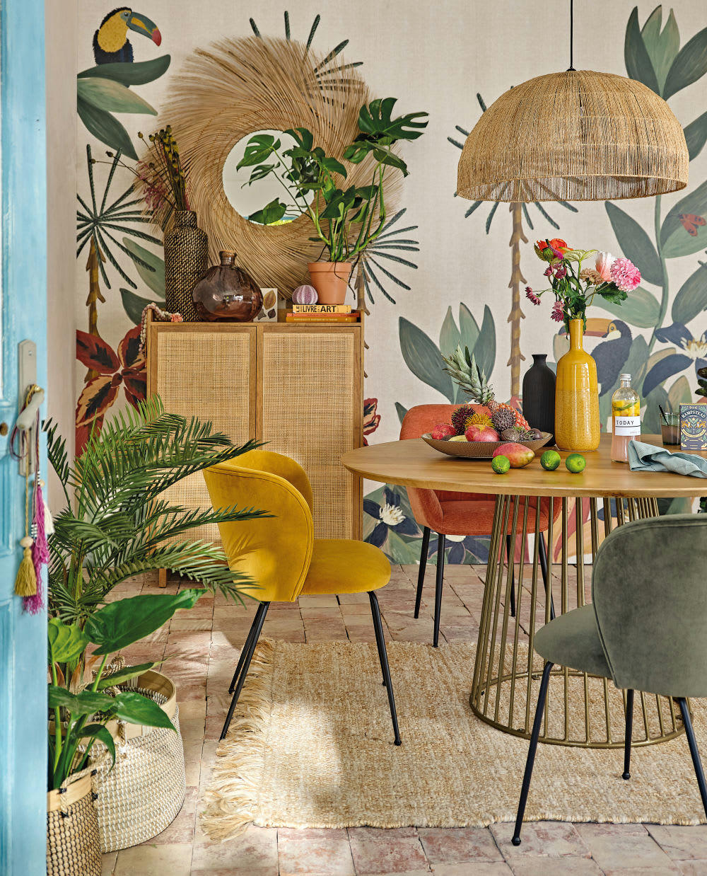 JULIA - Papier peint panoramique intissé imprimé jungle beige, bleu vert et rouge 336x300