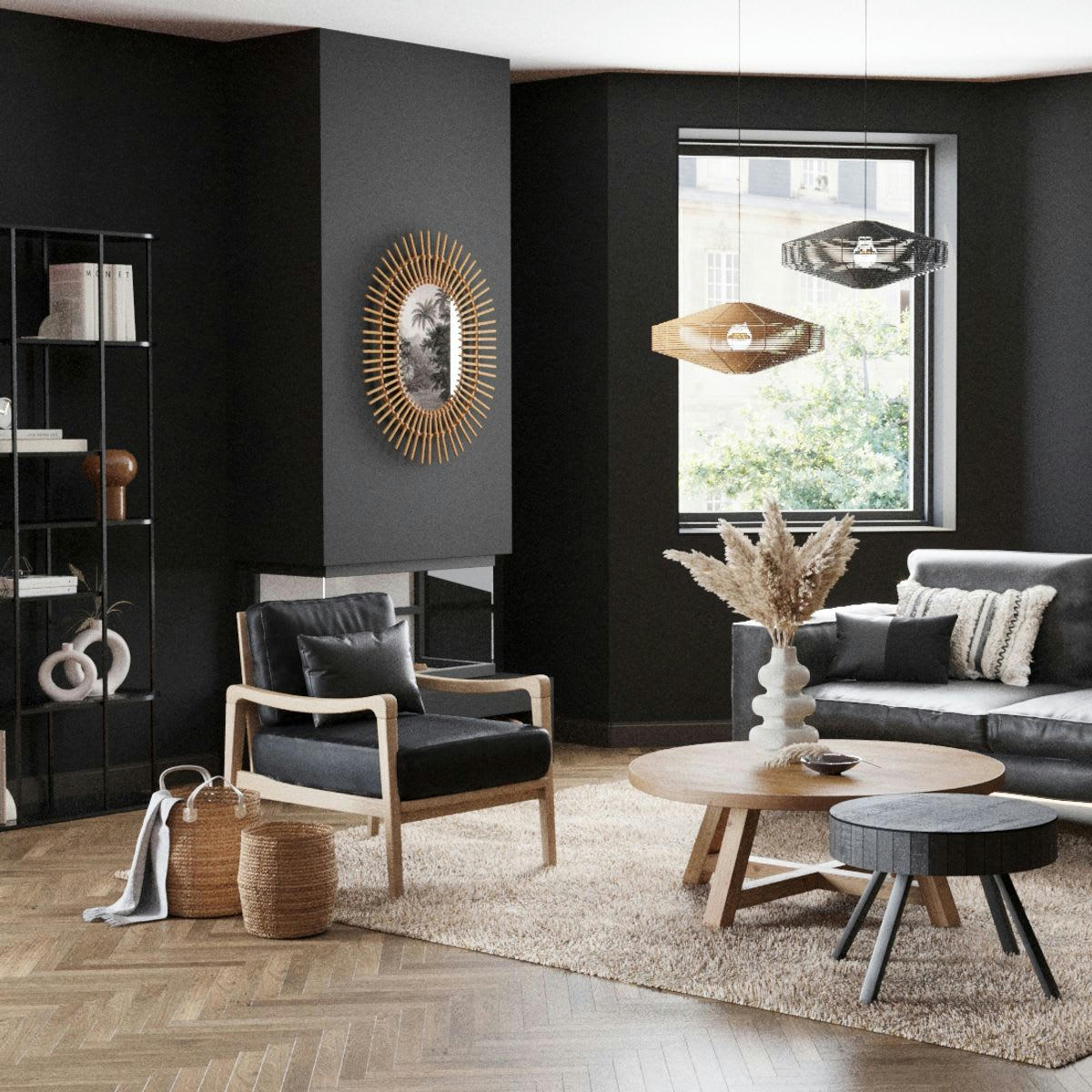 PABLO - Fauteuil cuir noir pieds frêne naturel