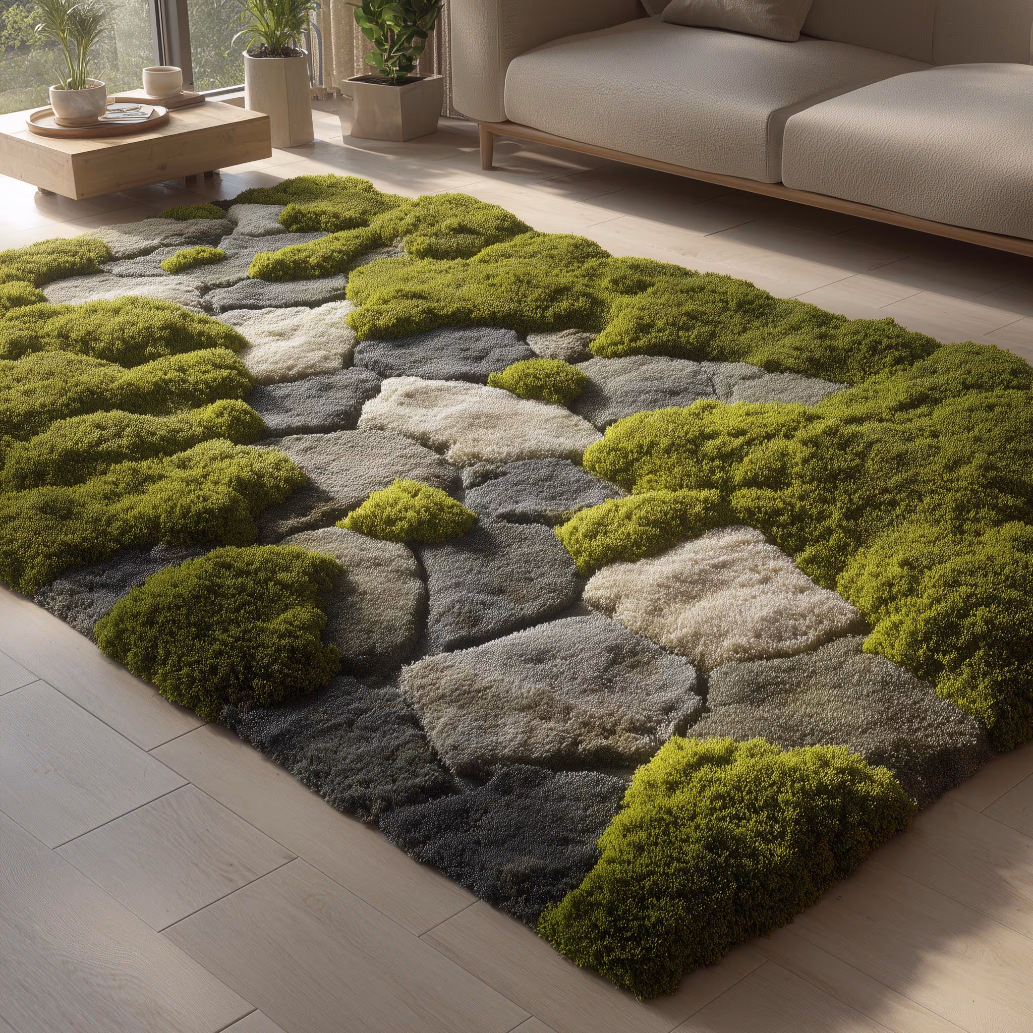 Hand Tufted Moss Rug, Sculpted Organic Stone Path Luxury Green Area Carpet
