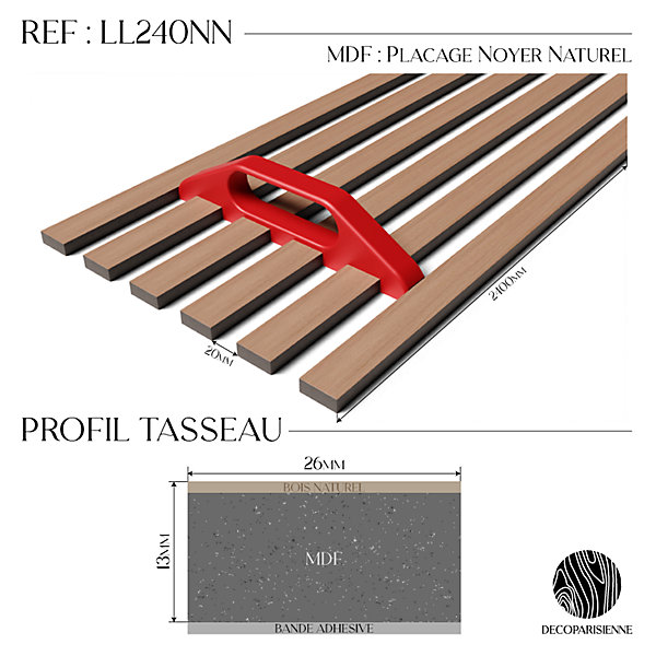 Kit tasseaux adhésif noyer naturel - Gabarit de pose offert - Surface de 1,2 M2 - Panneau tasseau sur-mesure