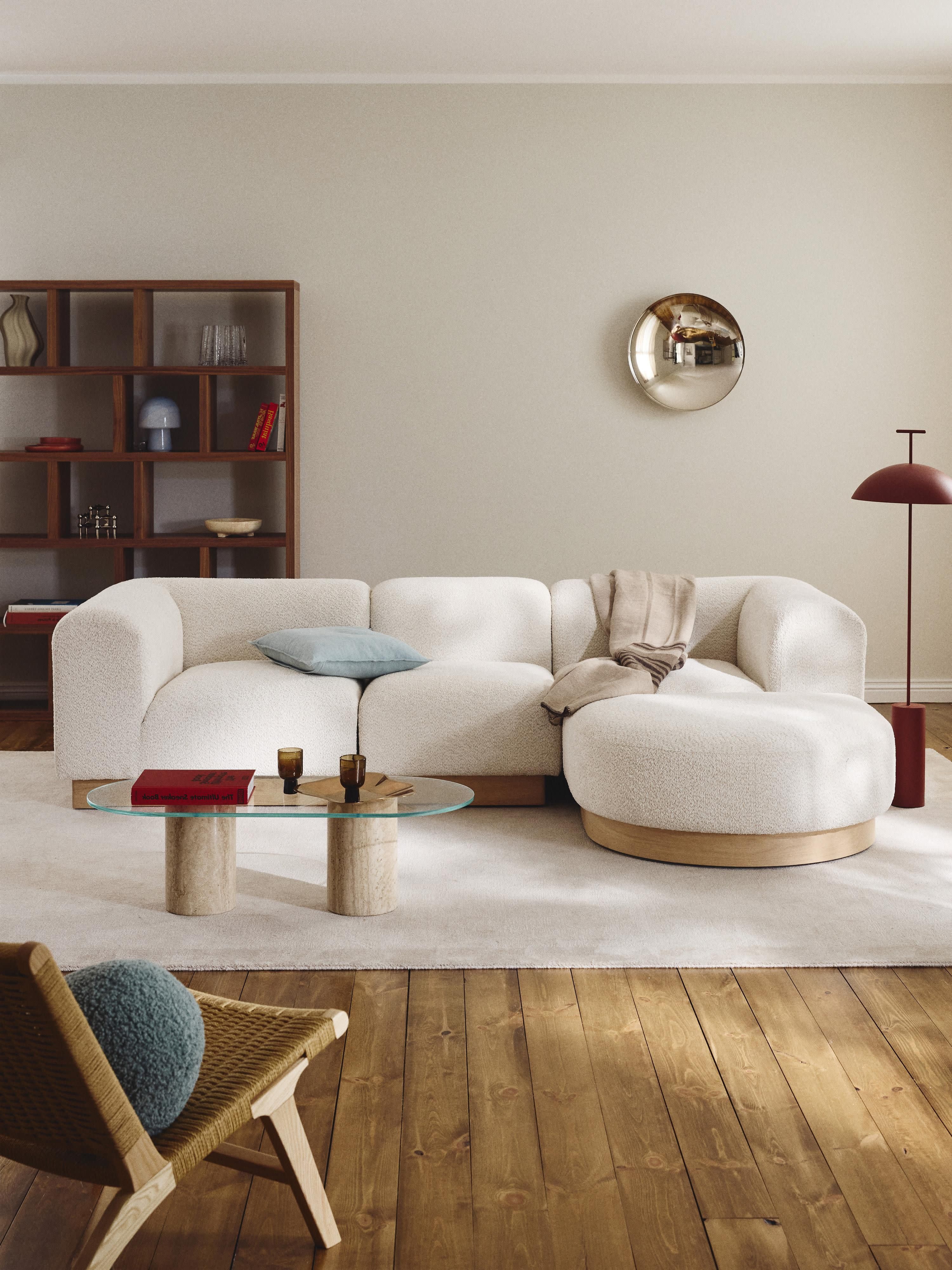 Modulares Sofa Natalie (3-Sitzer) aus Teddy-Bouclé mit Hocker (links/rechts)