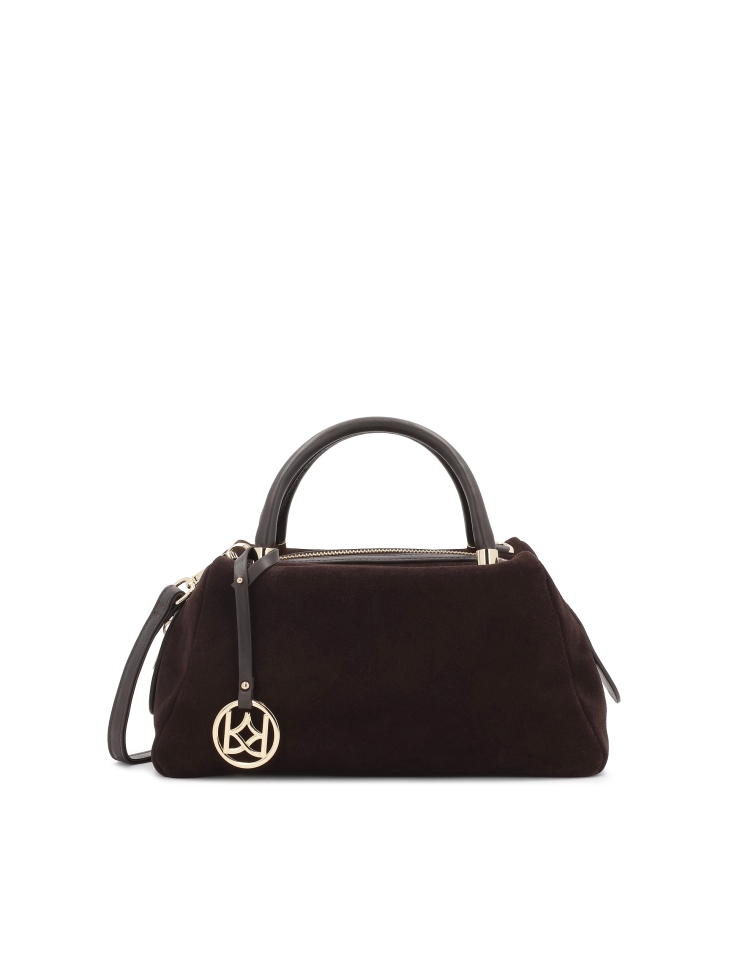 Brown suede and genuine leather handbag with key ring