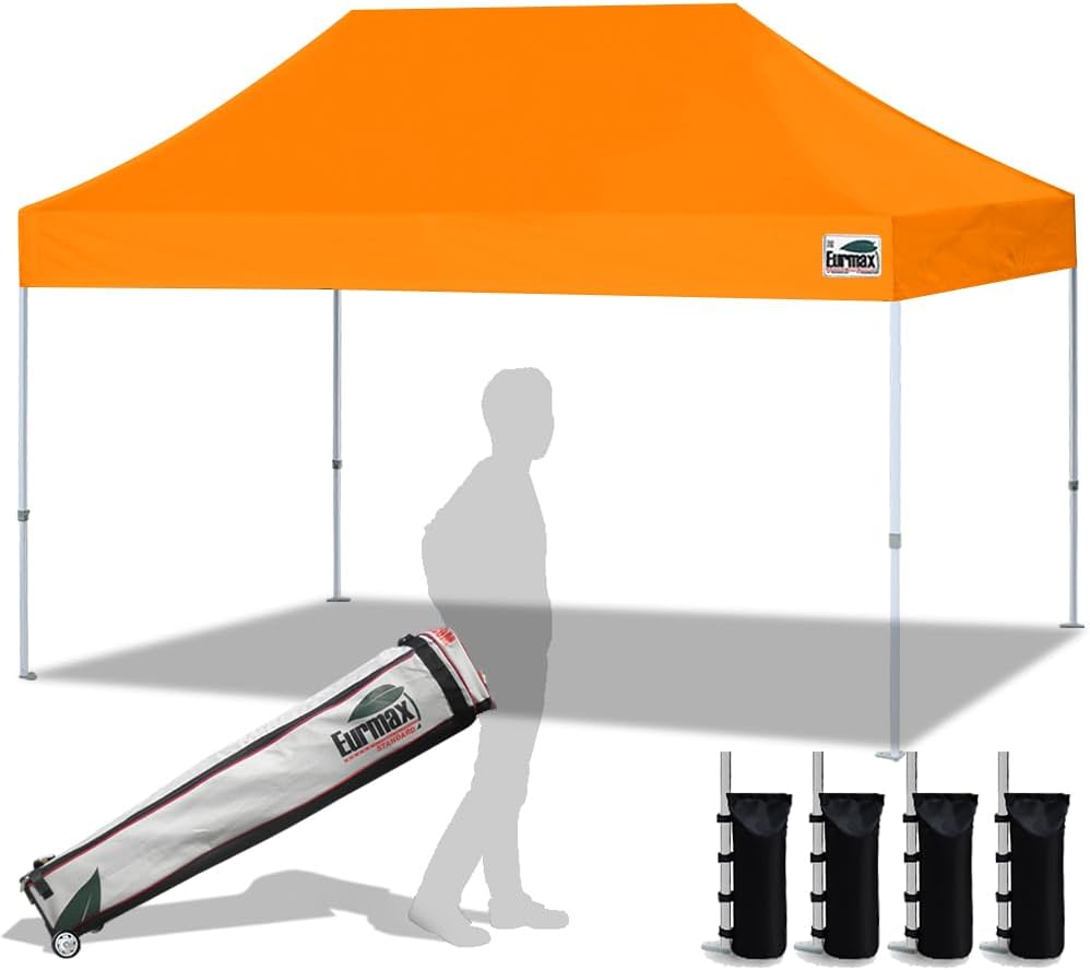 Eurmax USA 10'x15' Pop Up Canopy Tent Commercial Instant Canopies with Heavy Duty Roller Bag Bonus 4 Sand Weights Bags (Orange)