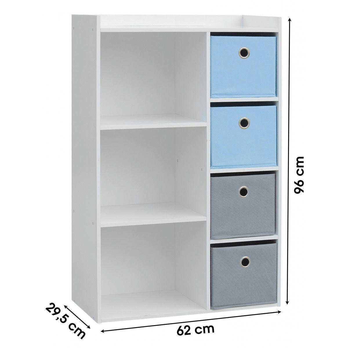 - Meuble de rangement chambre enfant blanche 4 paniers bleus et gris