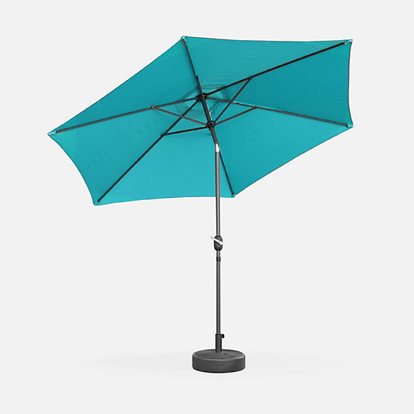 Parasol droit rond D.300cm - Touquet Turquoise - mât central en aluminium orientable et manivelle d'ouverture