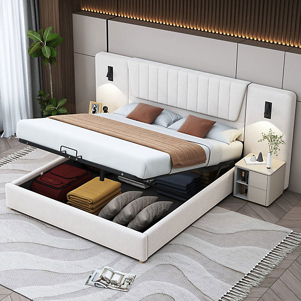 Lit Double 180x200cm Dossier Long USB Rangement Velours Beige Blackcolors