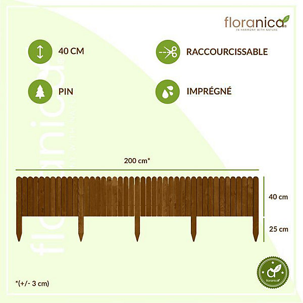 Floranica Bordure de Jardin Flexible 40 x 200 cm Brune Clôture de Pelouse en Bois, Palissade de Jardin Extérieur