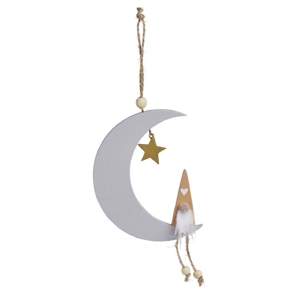 Décoration à suspendre No&euml;l en bois lune et gnome H25cm