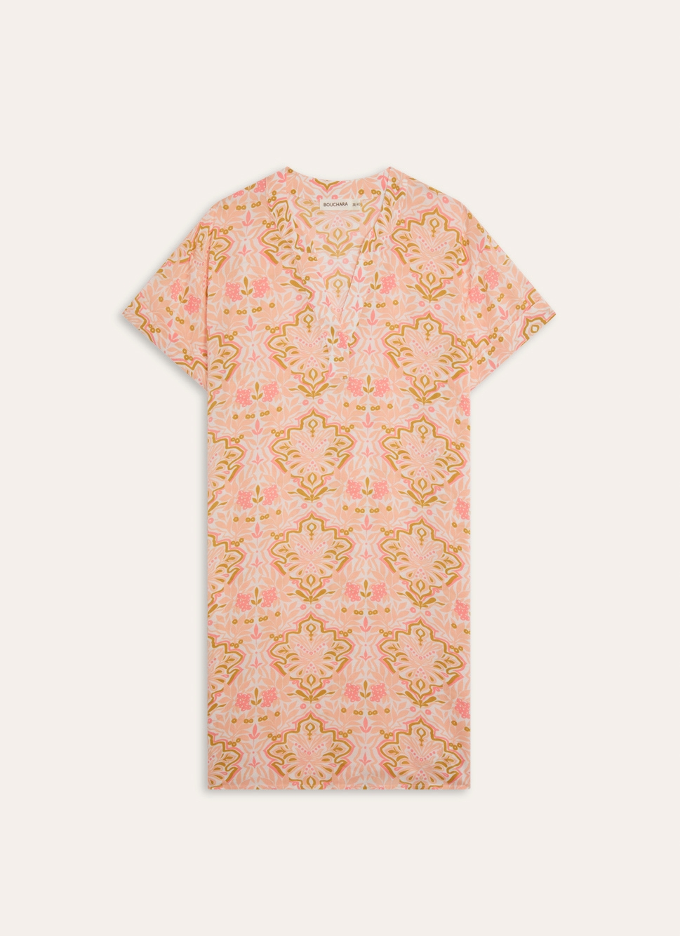 CHEMISE DE NUIT COL V IMPRIMÉ FLORAL INDIEN ROSE