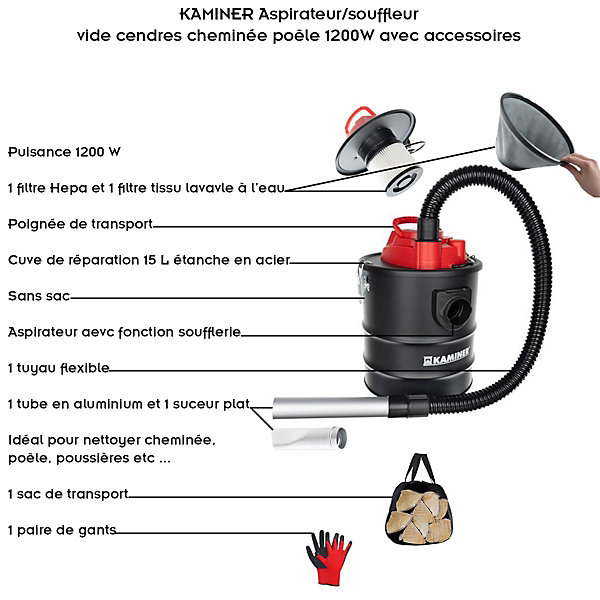 Aspirateur industriel souffleur vide cendres cheminée poêle 1200W   accessoires