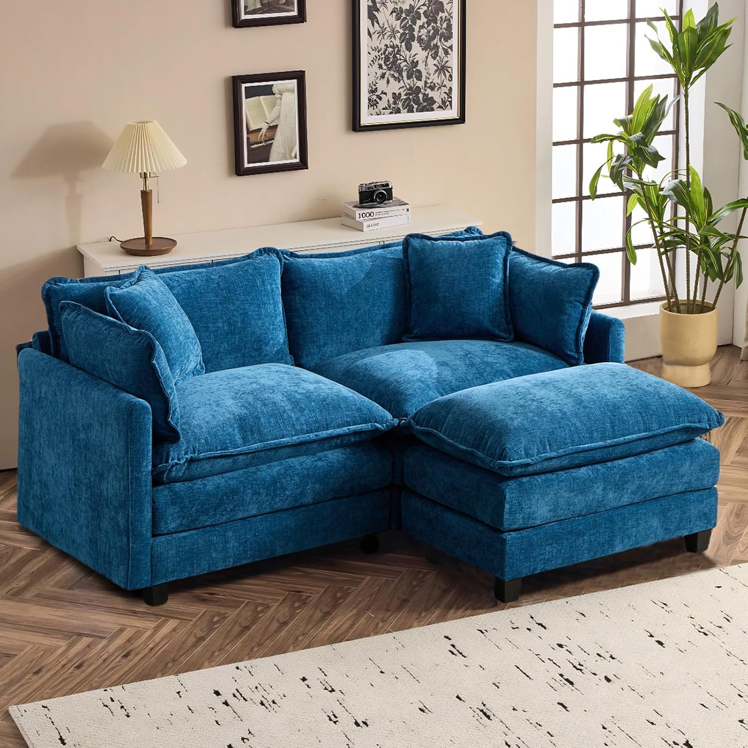 SoarFlash Chenille 77.95 Sectional Sofa, Comfy L Shaped Modular Coush Sofa with Ottoman, Modern 2 Seat Couch Deep Seat Sofa Set for Living Room,Blue
