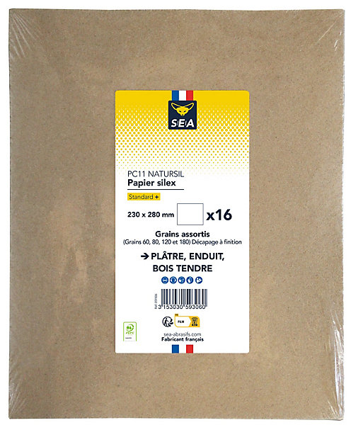 Feuille abrasive 230 x 280 mm grain 60 / 80 / 120 / 180 plâtre, lot de 16