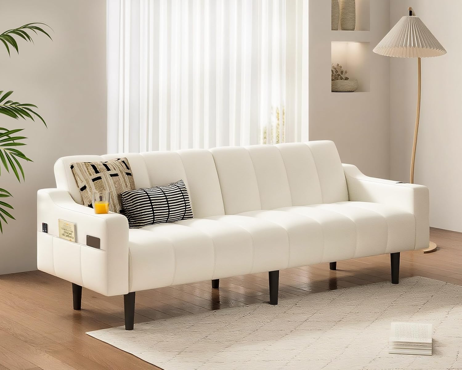 Brelice 80'' Leather Couch, Futon Sofa Bed, Faux Leather Couch with Adjustable Backrest, 2 Cup Holders & Side Pockets, Mid Century Modern Sofa for Living Room, Bedroom, Cream White