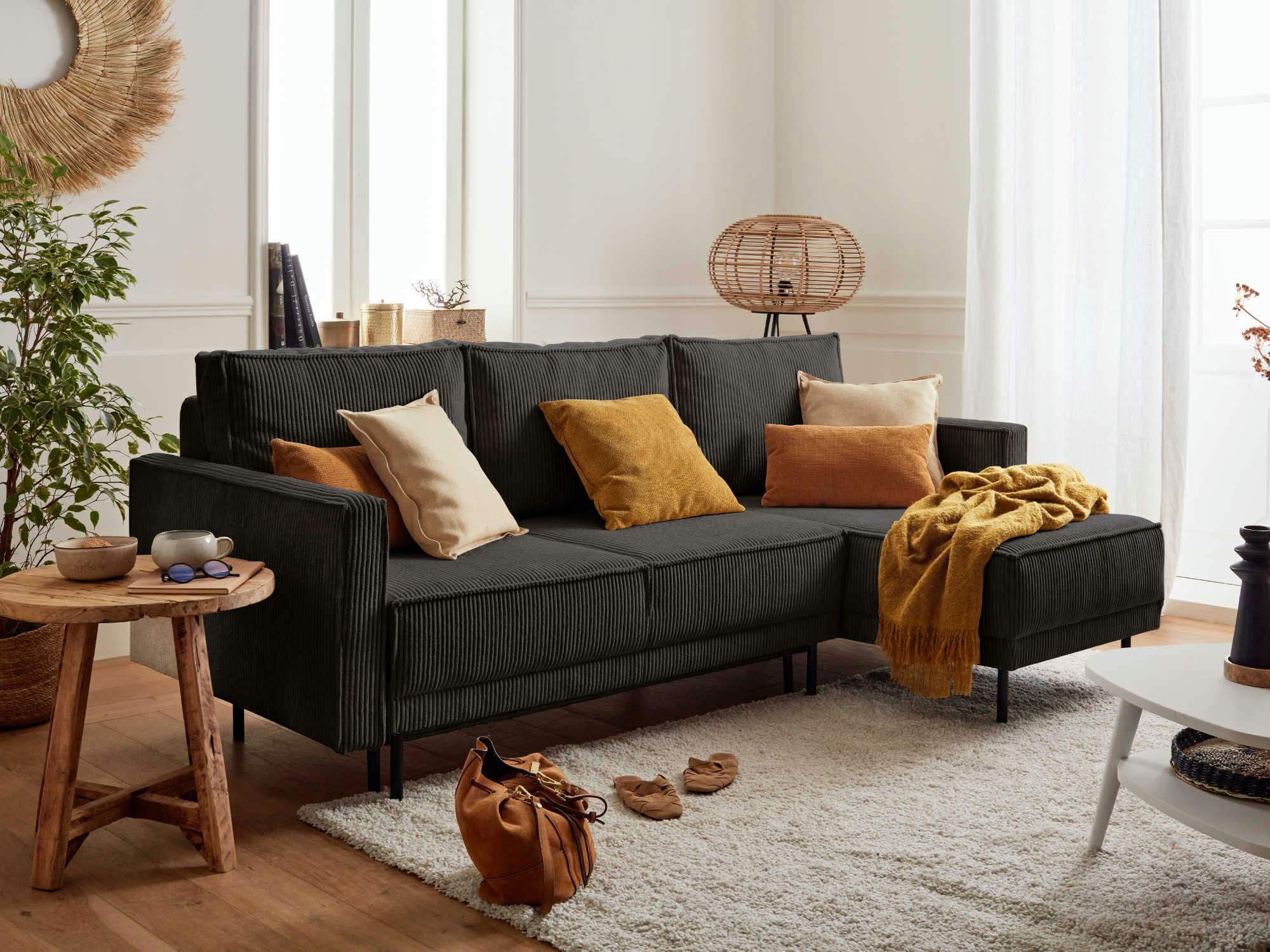 CHARLIE - Canapé d'angle réversible convertible 4 places en velours côtelé gris