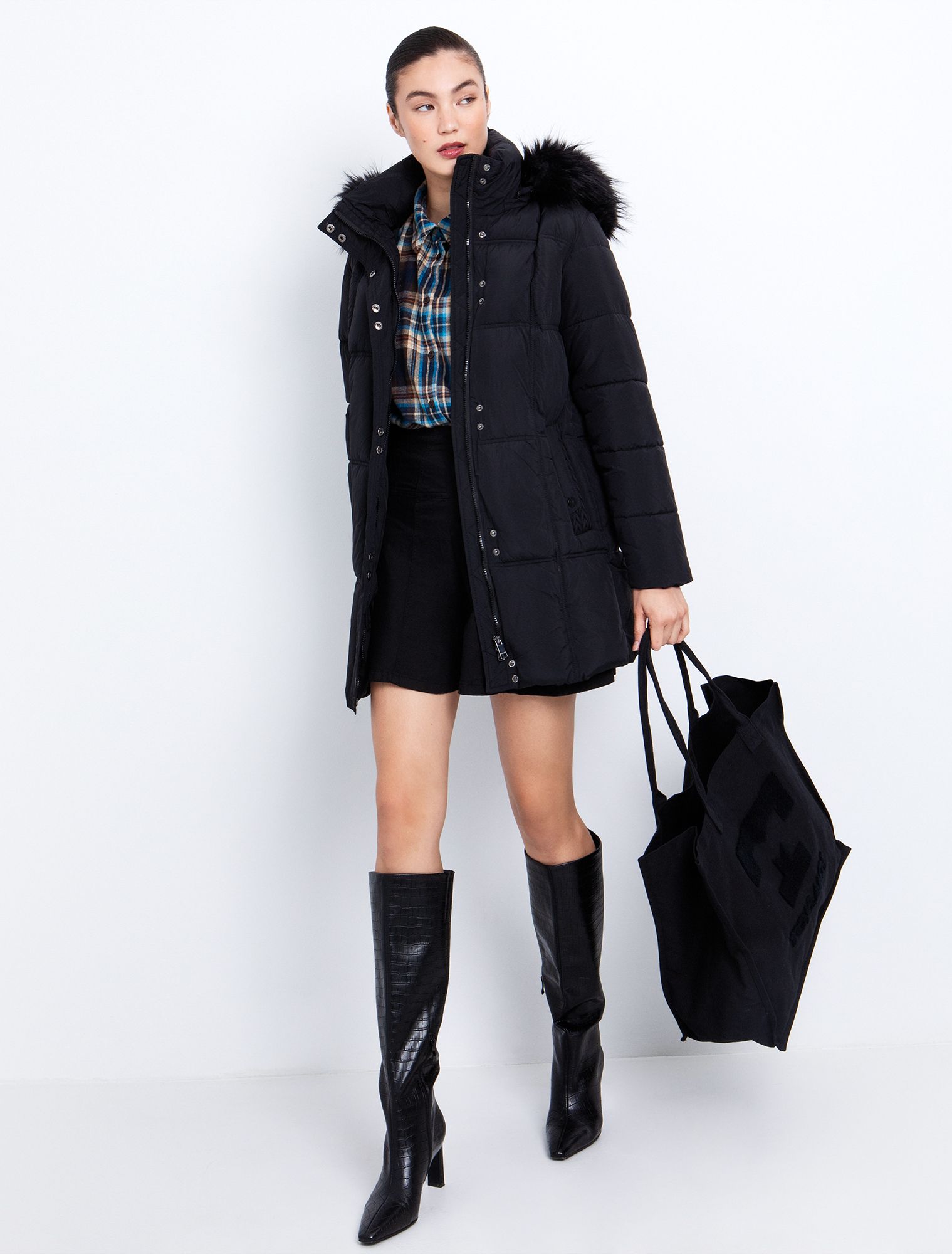 Mid length μπουφάν με κουκούλα & γούνα