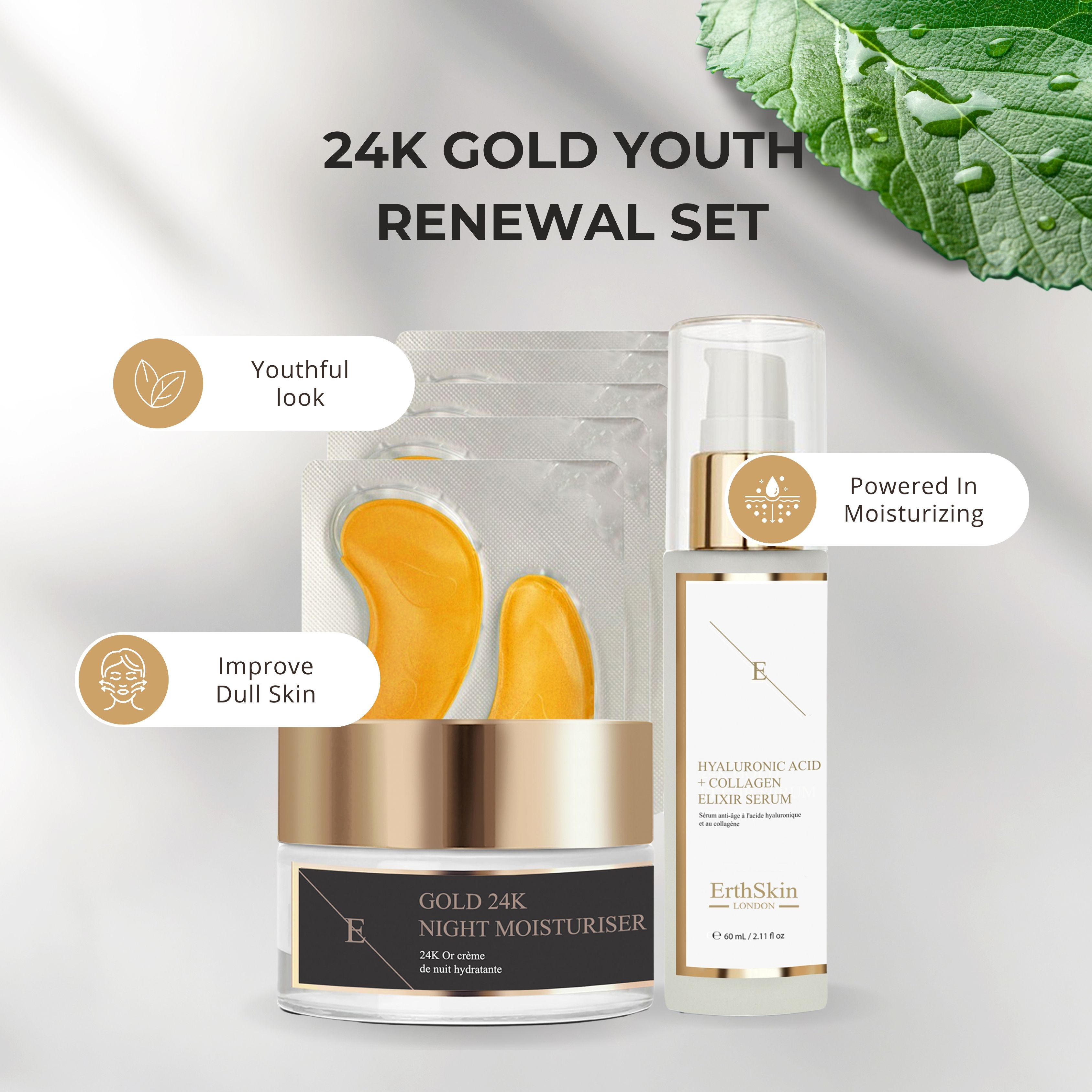 Erth Skin London 24K Gold Night Set: Moisturizer   Eye Patches & HA Serum