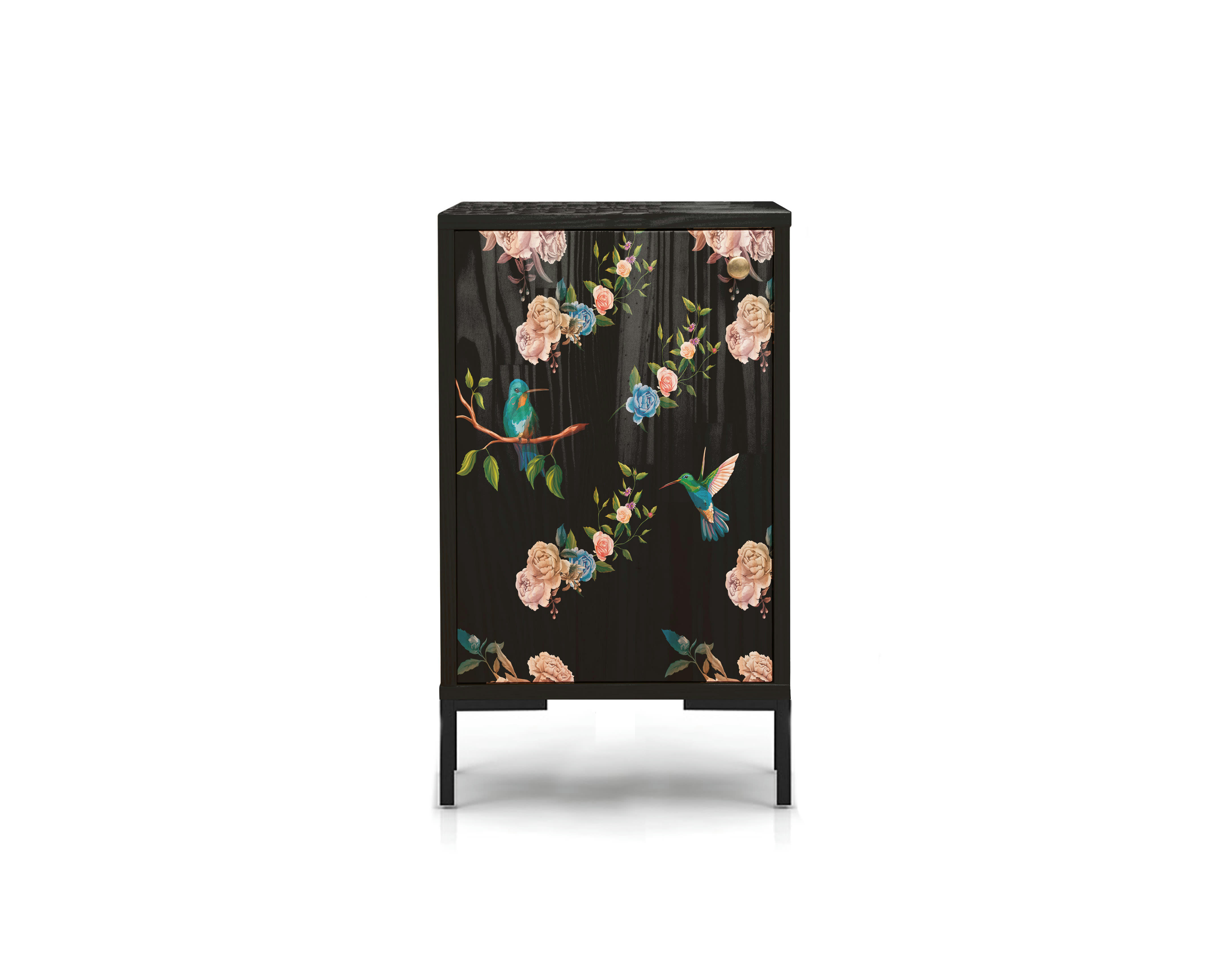COLIBRI - Table de chevet en MDF imprimé florale sur fond noir colibri